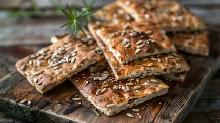 Fotobehang Artisan whole grain seed crackers on rustic wooden background for healthy eating. fresh baked, nutritious snack. close-up, textured. AI © Irina Ukrainets