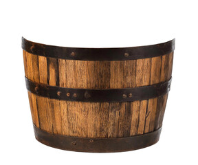 Old rustic empty half of wooden barrel flower planter isolated cutout on transparent, can be used to add any flowers or plants inside