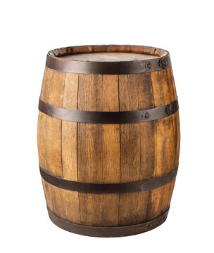 Old rustic whiskey barrel isolated cutout on transparent