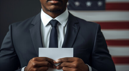 Voting in the United States, choosing a president, black people and a man in a business jacket lowering a bust white piece of paper into the ballot box against the backdrop of the American flag