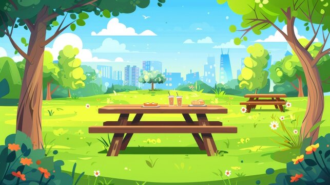 The city park has wooden picnic tables and benches, green trees, flowers and town buildings on the skyline. This modern cartoon depicts an empty public garden with a table serving food and drink.