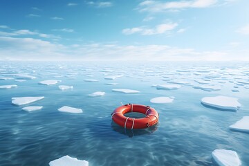 Lifebuoy floating in the ocean with icebergs in the background