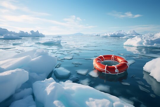 Lifebuoy floating in the ocean with icebergs in the background