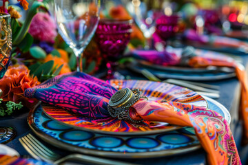 Festive tablescape decor in bright colors. Napkins folded on dinner plates. Generative AI