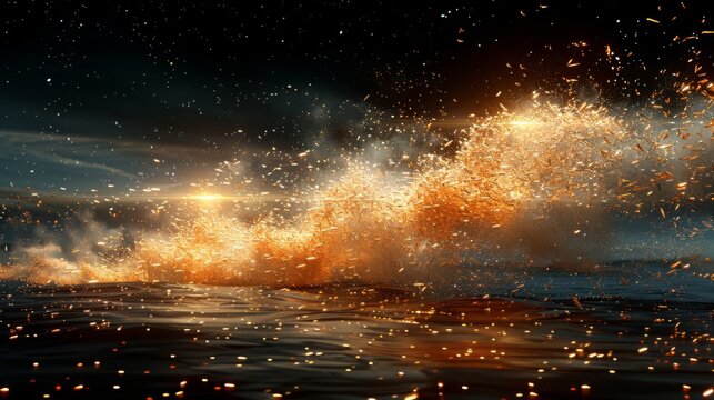  a large explosion of fire and water on a dark night sky above a large body of water with a boat in the distance.