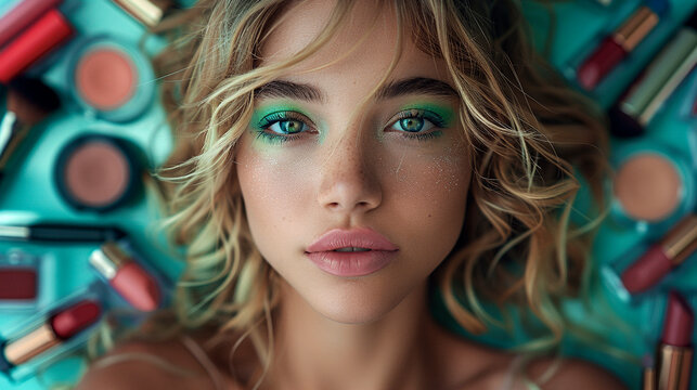 Una joven de llamativos ojos verdes y cabello rubio despeinado. Su maquillaje es impecable, presenta una sombra de ojos de color verde intenso que combina con sus ojos y sus labios son de un rosa suav