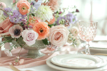 Table setting with pastel colored floral centerpieces. Generative AI