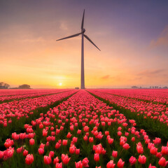 A field of tulips during sunset. A wind generator in a field in the Netherlands. Green energy production. Landscape with flowers during sunset. Photo for wallpaper and background. Netherlands. - 760080413