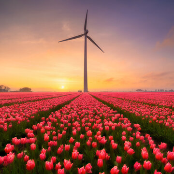 A field of tulips during sunset. A wind generator in a field in the Netherlands. Green energy production. Landscape with flowers during sunset. Photo for wallpaper and background. Netherlands.