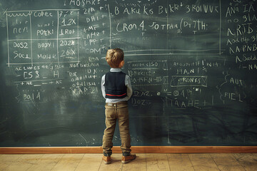 Schoolboy stands at the blackboard and solves a mathematical problem.