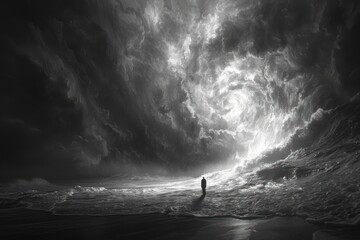  The essence of bravery a lone figure standing against a storm - obrazy, fototapety, plakaty