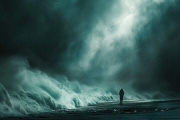  The essence of bravery a lone figure standing against a storm - obrazy, fototapety, plakaty