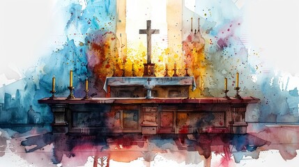 Watercolor Church Altar with Baptismal Font and Candles Generative AI
