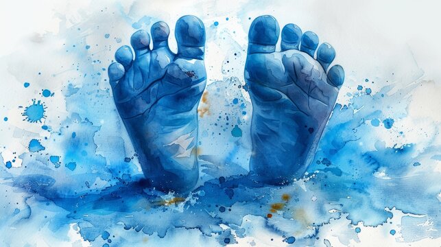 Soft Blue Babys Footprints Watercolor with Delicate Cross Generative AI