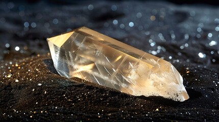 Obraz premium A clear raw crystal rests gently on the black sand, highlighting its natural purity. Rough crystal of translucent beauty under night light in serene scene.