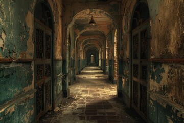 Fototapeta na wymiar The echo of memories a dimly lit hallway filled with doors