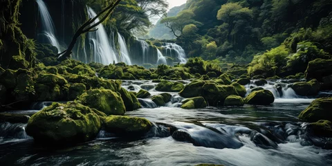 Fotobehang Cascade Chronicles - A Visual Expedition into Nature's Waterfalls Embark on a visual expedition into nature's waterfalls with Cascade Chronicles. Capture the majestic cascades, the rhythmic flow,   ©  Photography Magic