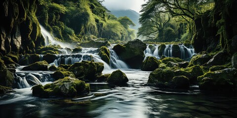 Cascade Chronicles - A Visual Expedition into Nature's Waterfalls Embark on a visual expedition into nature's waterfalls with Cascade Chronicles. Capture the majestic cascades, the rhythmic flow,  - obrazy, fototapety, plakaty