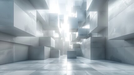  a room that has a bunch of cubes on the floor and a light at the end of the room.