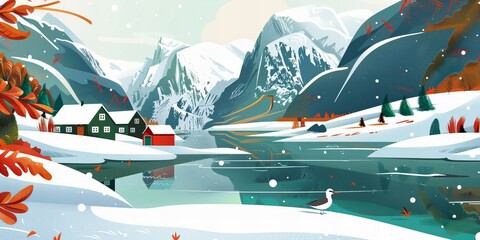 norwegian snowy, winter landscape with lake and mountains and cottages