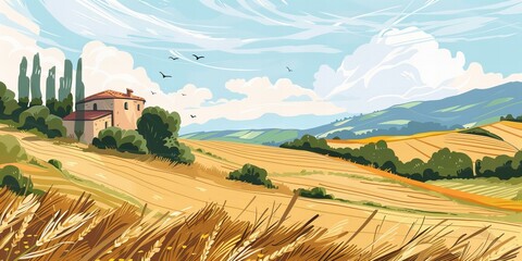 idyllic french summer landscape with hills and fields