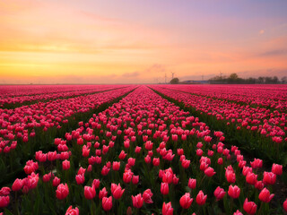 Netherlands. A field of tulips during sunset. Rows on the field. Landscape with flowers during sunset. Photo for wallpaper and background. - 760081645