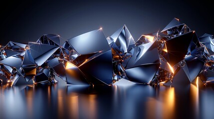  a bunch of shiny cubes that are on a black and blue surface with a bright light coming from the top of one of the cubes.