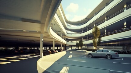 A unique spiral architecture design defines this modern multi-level parking garage by the entrance