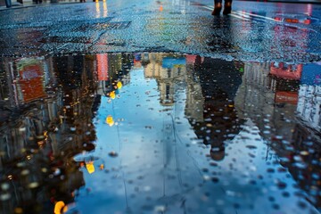 Reflections of a parallel universe seen in puddles on a rainy city street