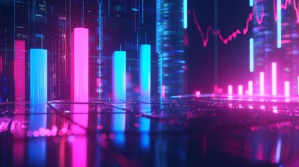 Neon-lit graph bars in a cyber environment depict financial data trends and market analysis