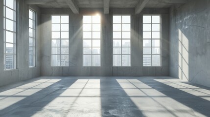 An empty industrial-style loft room with large windows allowing natural light to illuminate the concrete interior