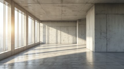Sunlight casts dramatic shadows across the empty space of a minimalist architectural interior with a cityscape view