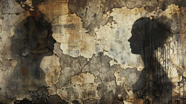 A silent conversation between two shadows on a crumbling wall