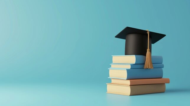 Impeccable composition that epitomizes educational success, with a graduation cap atop neatly arranged books in pastel shades