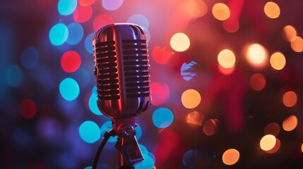 Fototapeta na wymiar Classic vintage microphone set against a vibrant bokeh light background, giving off a feeling of nostalgia and musical celebration