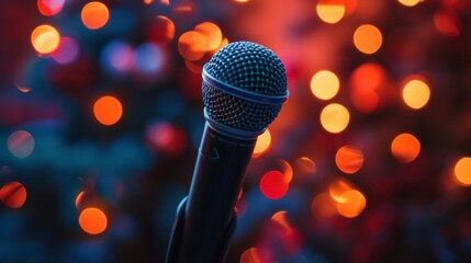 A contemporary microphone against a lively, colorful bokeh backdrop symbolizes modern music and dynamic performances