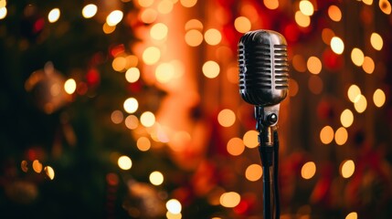 This vintage microphone is illuminated by the warm, festive lights in the background, hinting at a...