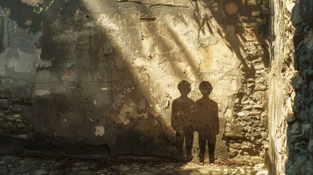 A silent conversation between two shadows on a crumbling wall