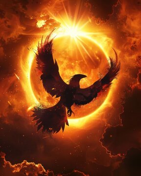 A phoenix rising from its ashes in a blaze of glory
