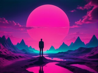 Synthwave Man: Retro Futuristic Illustration of a Figure Amidst Pink Bluish Landscape