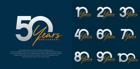 anniversary logotype vector design set with orange handwriting, silver color can be use for special day