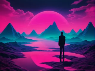 Poster Synthwave Man: Retro Futuristic Illustration of a Figure Amidst Pink Bluish Landscape © Louis