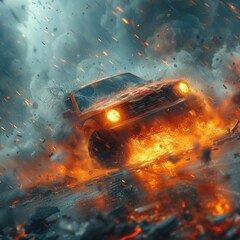 Intense scene of a car consumed by flames and debris during a dramatic explosion on the road