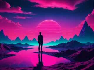 Raamstickers Synthwave Man: Retro Futuristic Illustration of a Figure Amidst Pink Bluish Landscape © Louis