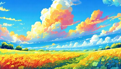 landscape with rainbow, landscape with sun and clouds