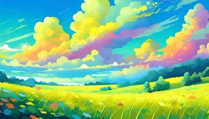 Küchenrückwand glas motiv landscape with rainbow, landscape with sun and clouds © CreativeVirginia