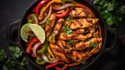 Foto op Canvas Freshly grilled spiced chicken fajitas mix with red, yellow, green bell peppers and onions © Felix