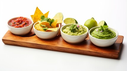An appetizing selection of Mexican dips including guacamole and salsa, artfully presented on a wooden serving board