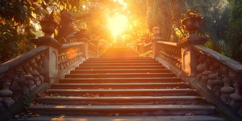 Ascending to Paradise: A Sunlit Staircase in a Heavenly Setting. Concept Sunlit Staircase, Heavenly Setting, Ascending to Paradise - obrazy, fototapety, plakaty
