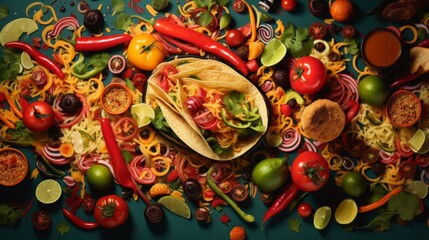 A delicious top-down view of a table filled with Mexican cuisine, featuring fresh vegetables and bold colors